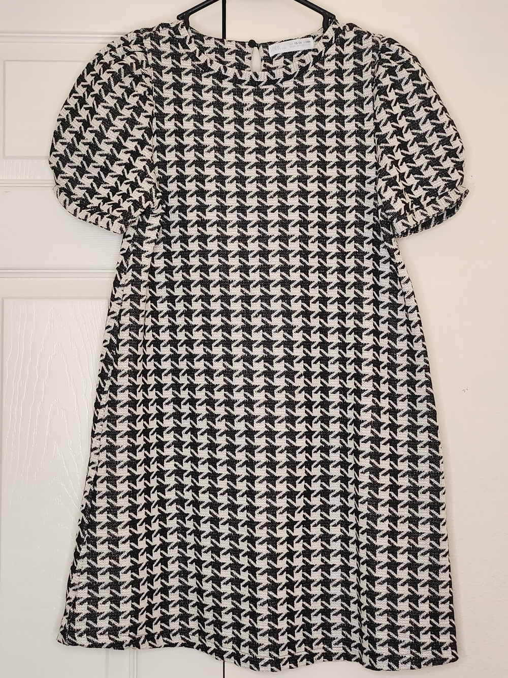 Zara Kids Girls Black and White Houndstooth Sparkle Puff Sleeve Dress